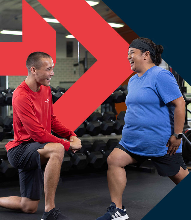 ACE Size Inclusive Fitness Specialist coaching a client through a lunge exercise in a gym